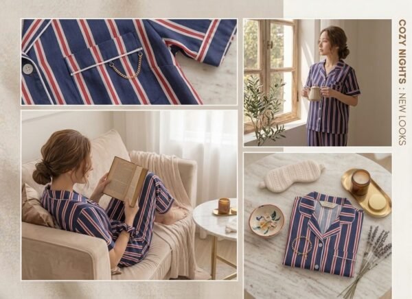 Korean Premium Blue Stripe Cotton Night Suit Set for Women
