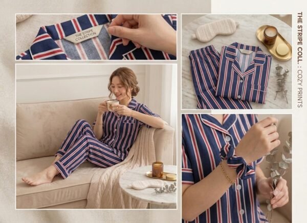 Korean Premium Blue Stripe Cotton Night Suit Set for Women