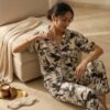 KNS-BT-005-2 Korean Black Botanical Cotton Night Suit Set