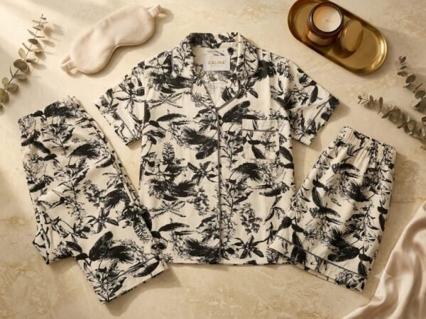 KNS-BT-005-3 Korean Black Botanical Cotton Night Suit Set