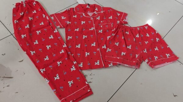 Korean Red Cow Print Cotton Night Suit Set for Women