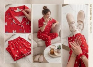 KNS-CW-002-2 Korean Red Cow Print Cotton Night Suit Set for Women