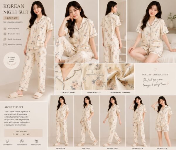 Korean Lavender Floral Cotton Night Suit Set