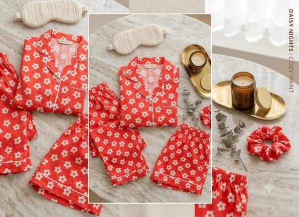 Korean Peach Floral Cotton Night Suit Set