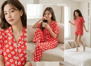 KNS-PF-004-3 Korean Peach Floral Cotton Night Suit Set