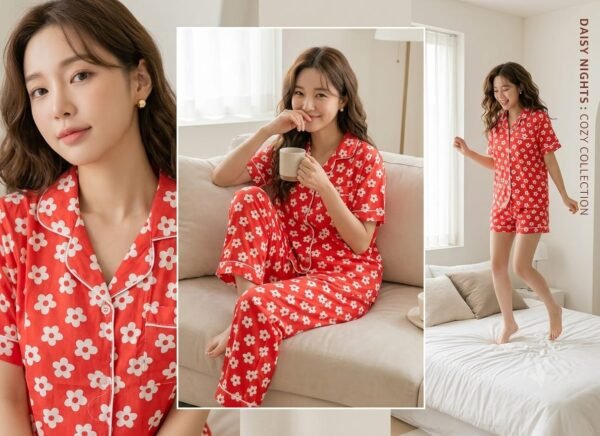 Korean Peach Floral Cotton Night Suit Set