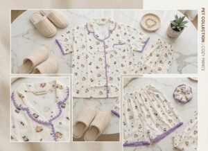 KNS-PP-003-1 Korean White Pet Print Cotton Night Suit Set
