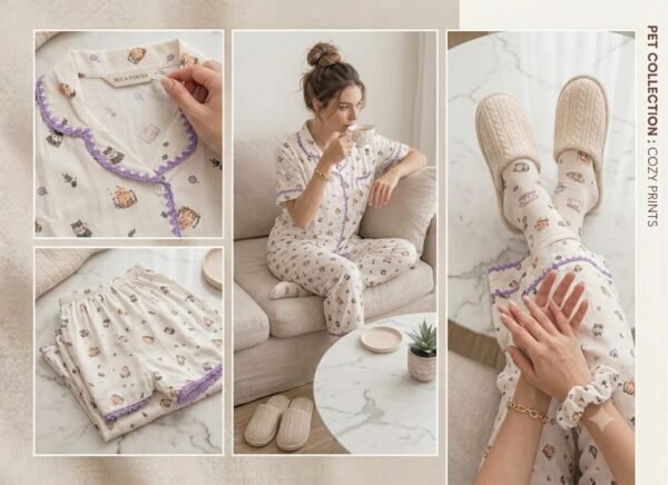 KNS-PP-003-2 Korean White Pet Print Cotton Night Suit Set